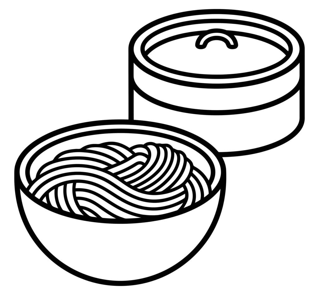 Bowl of Noodles and Bamboo Steamer Basket Line Art line art illustration of a bowl of noodles and a bamboo steamer basket