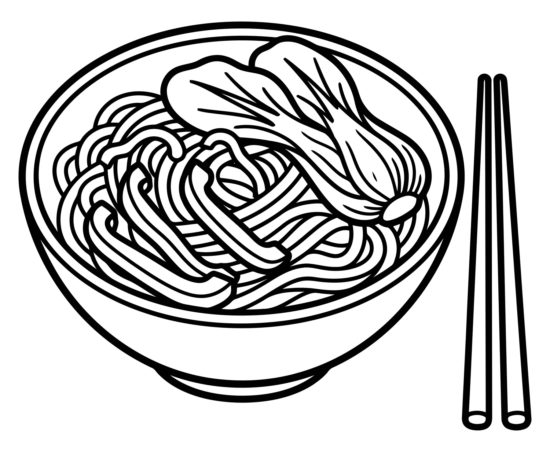 Line Art Bowl of Noodles with Bok Choy and Chopsticks