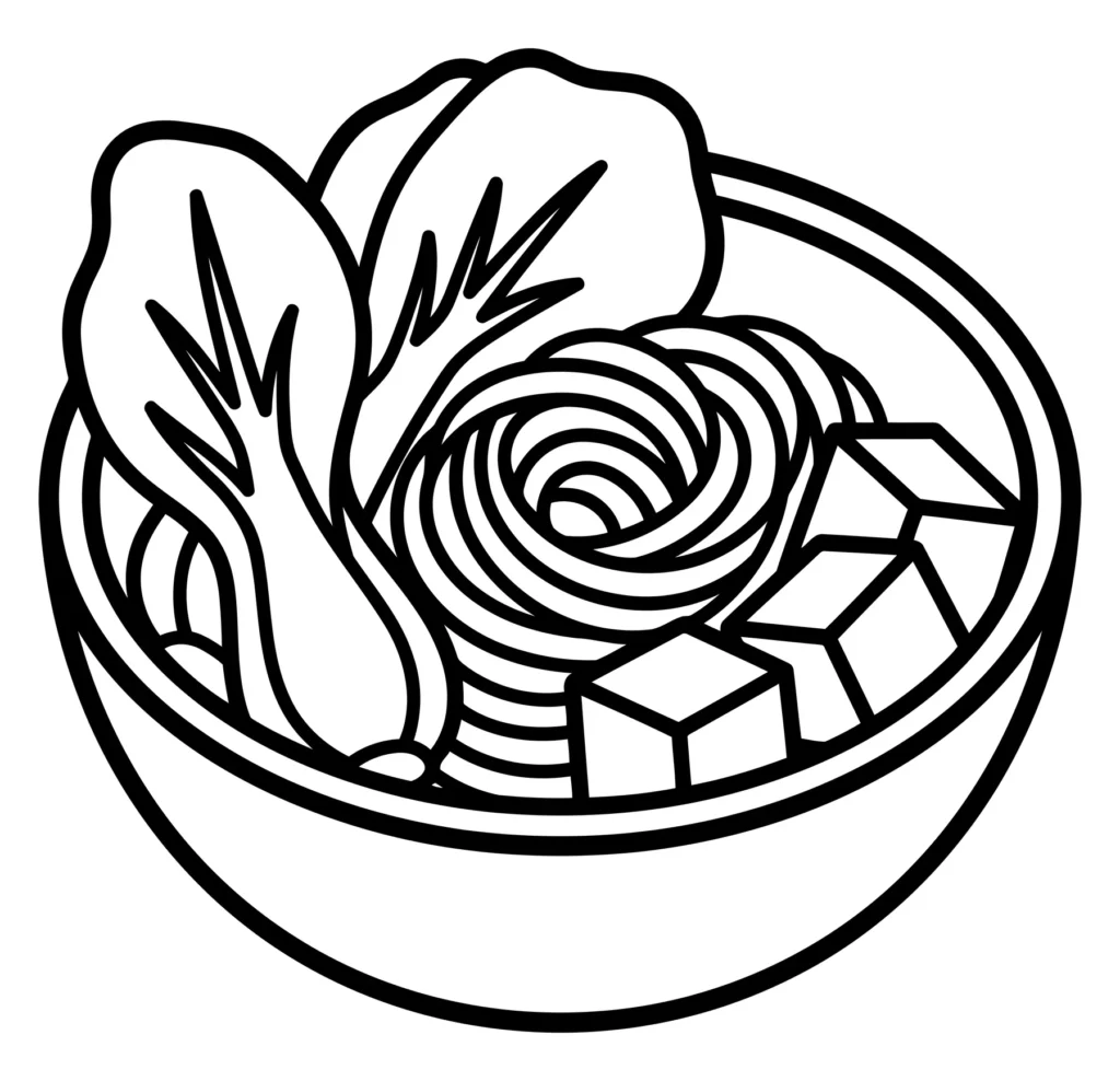 Line Art Bowl of Noodles with Bok Choy and Tofu line art illustration of a bowl of noodles with bok choy and tofu