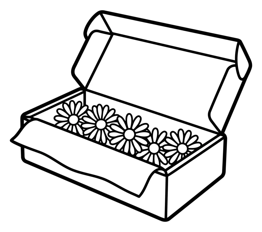 line art illustration of a cardboard box filled with daisy flowers
