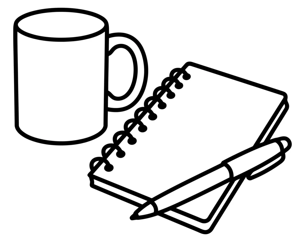 line art illustration of a coffee mug, spiral notebook, and pen