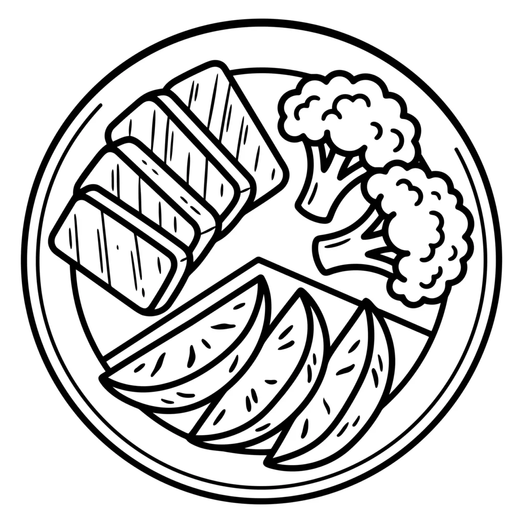 Minimalist Line Art Dinner Plate with Steak, Broccoli, and Potato Wedges line art illustration of a dinner plate with steak, broccoli, and potato wedges