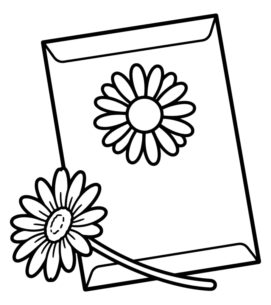 line art illustration of a greeting card with a daisy flower design and a single daisy stem