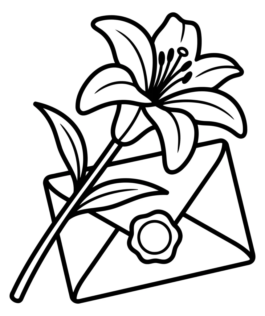line art illustration of a lily flower resting on a sealed envelope