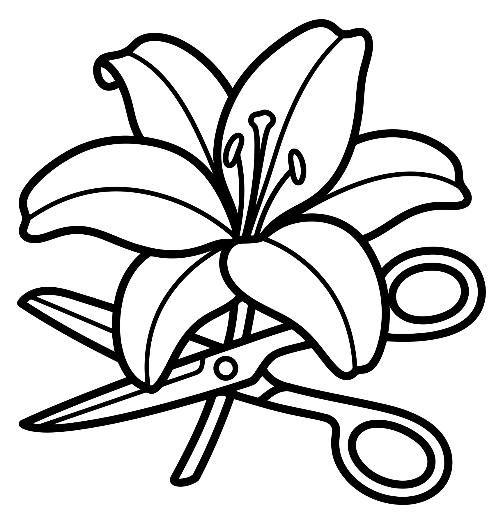 Black and white line art of lily flower with garden shears