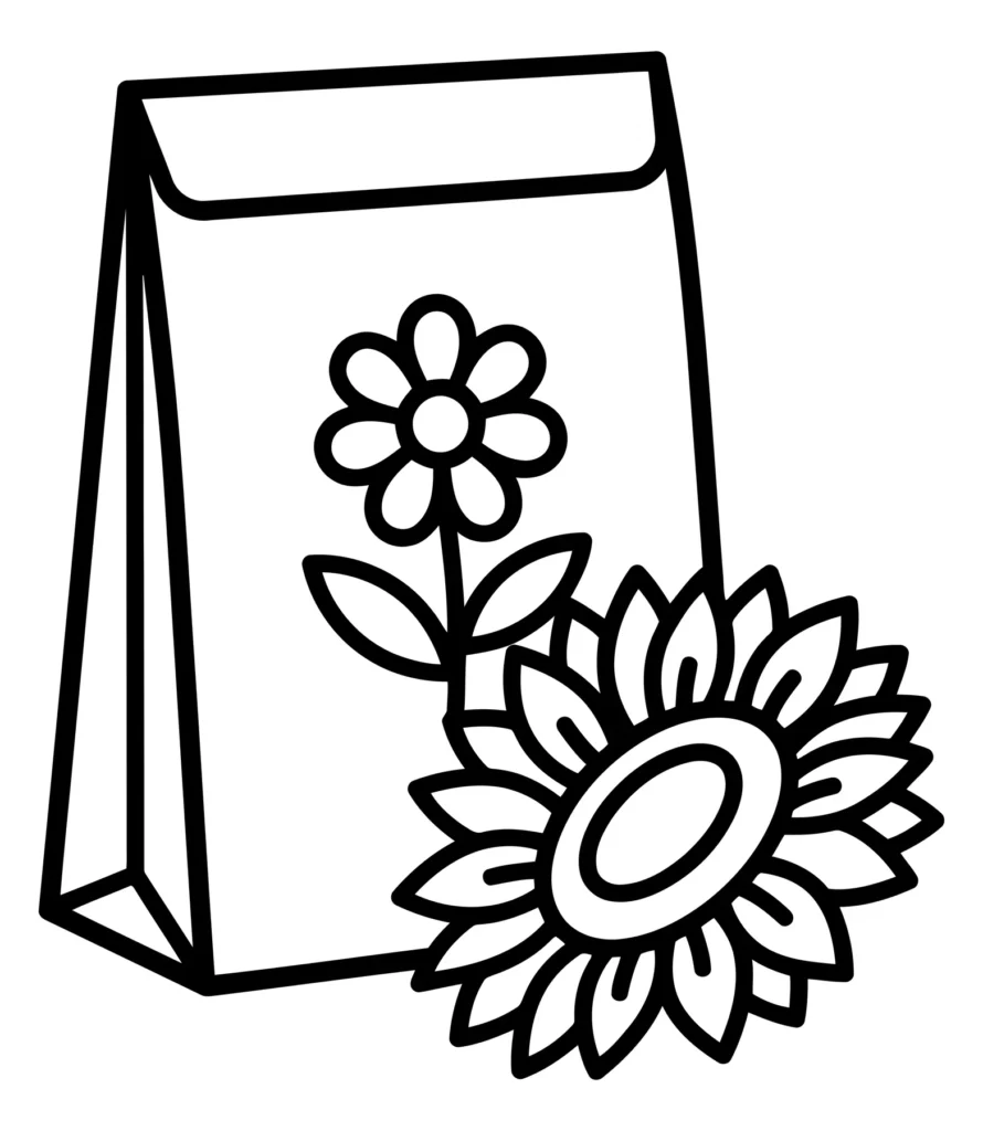 line art illustration of a paper bag with a sunflower design and a large sunflower flower