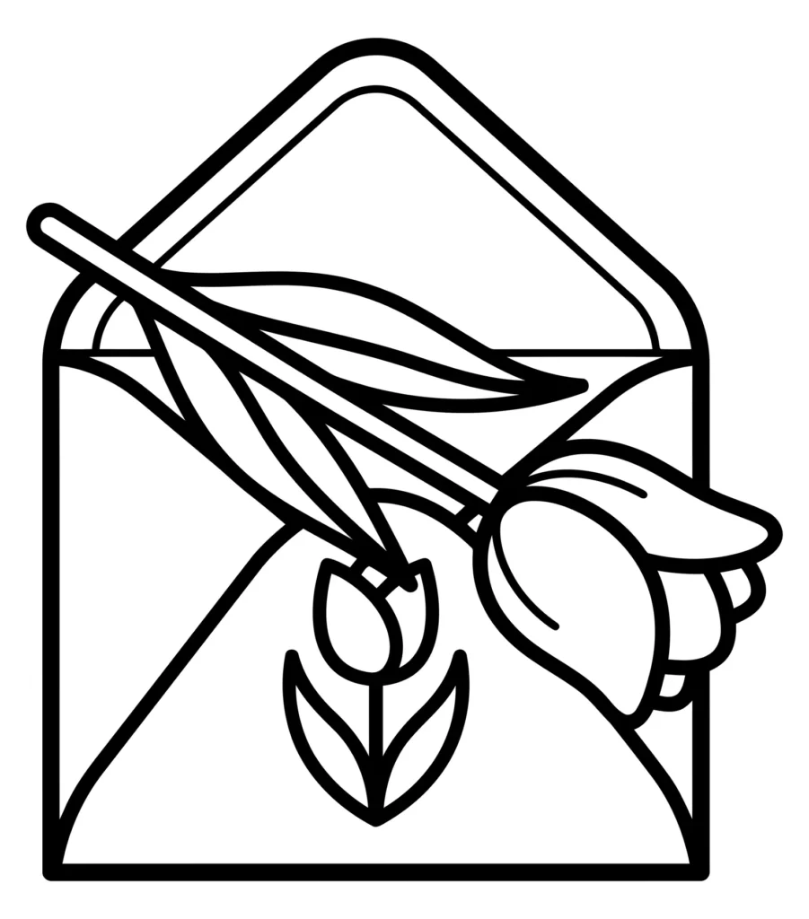 line art illustration of an open envelope with a tulip flower inside and a tulip design on the front