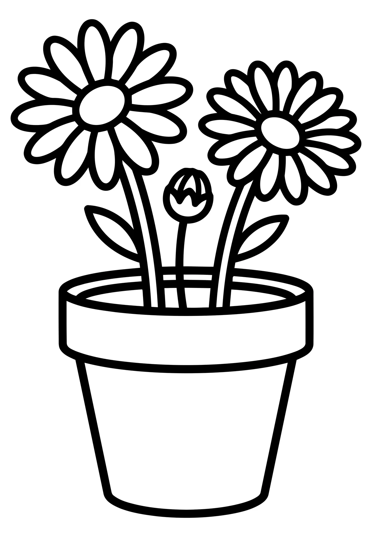 Two Daisies and a Bud in a Simple Plant Pot Line Art
