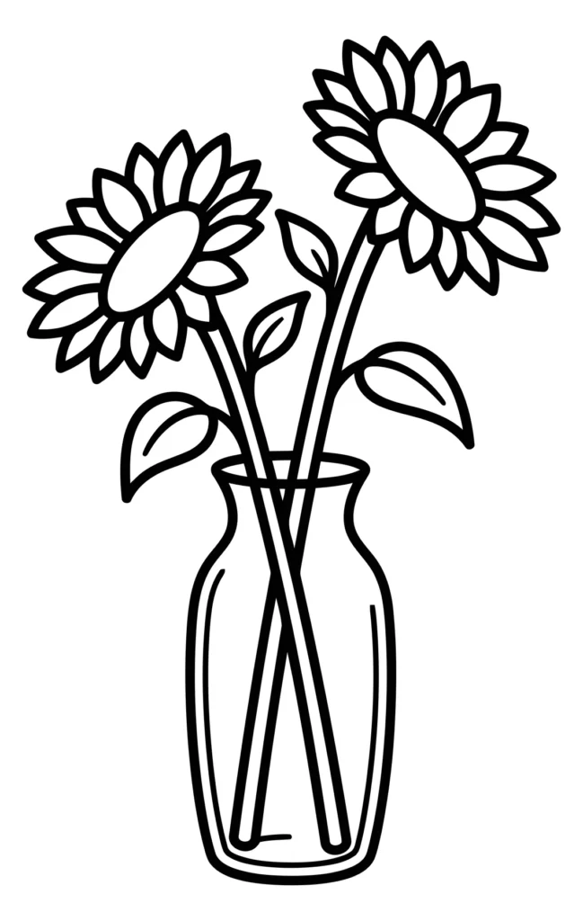 line art illustration of two sunflowers in a glass vase