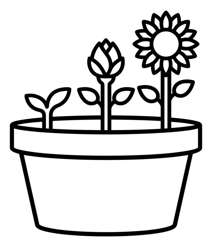 line art illustration showing stages of plant growth in a pot
