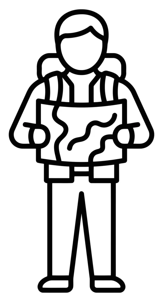 line icon of a hiker with a backpack looking at a map