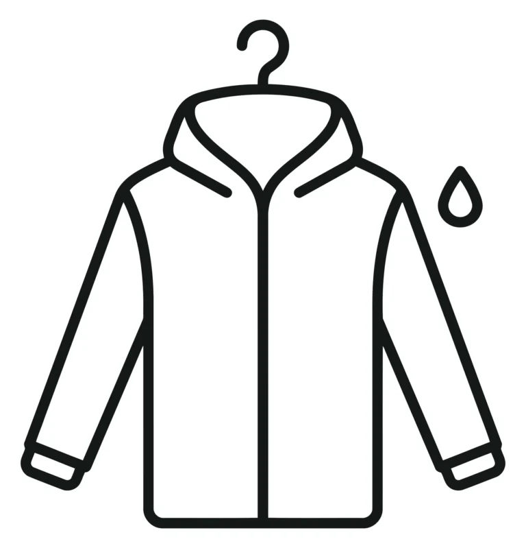 line icon of a hooded jacket with a water drop symbol representing waterproof or waterresistant clothing