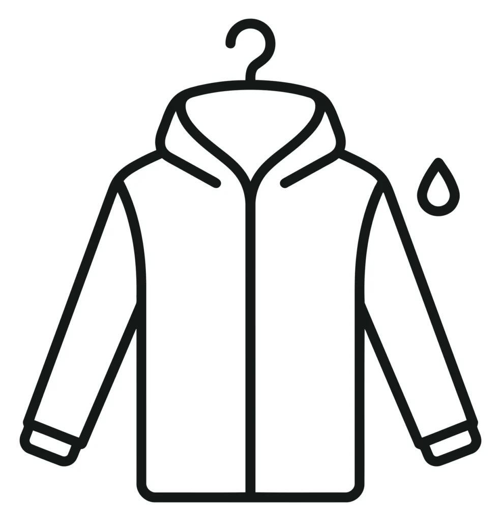 line icon of a hooded jacket with a water drop symbol representing waterproof or waterresistant clothing