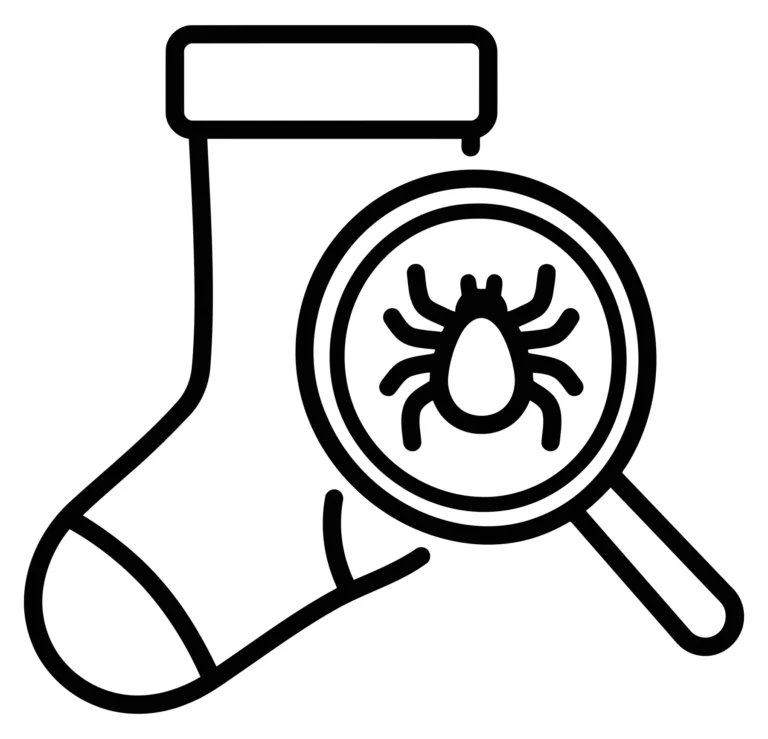 Line art icon of sock inspected for ticks with magnifying glass