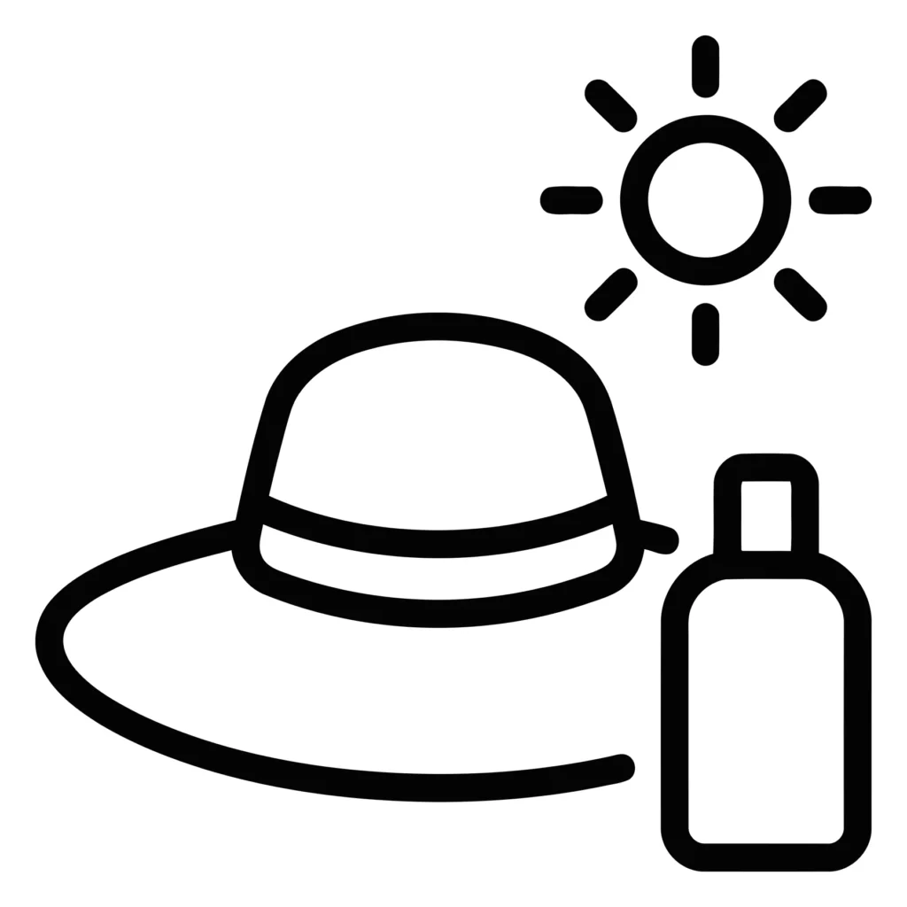 line icon of a sun hat and sunscreen bottle representing sun protection and summer skincare