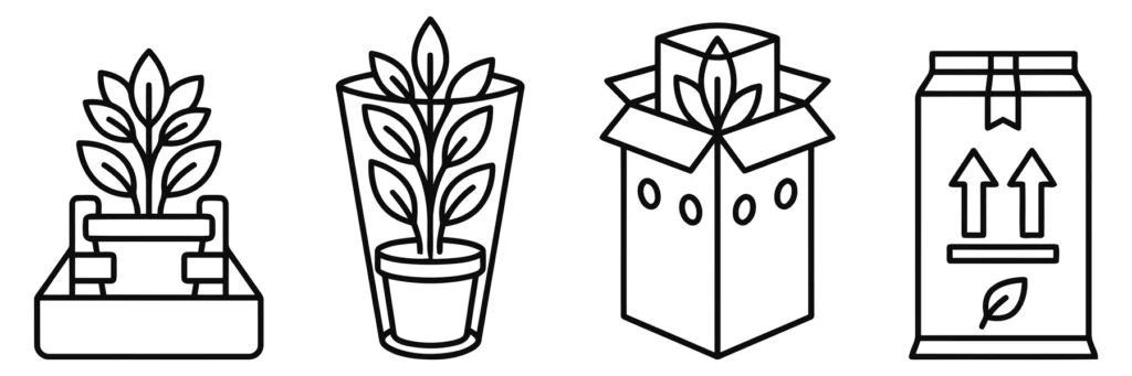 linear icons for plant packaging and shipping, showing protective sleeves, ventilated boxes, and upright handling instructions for safe plan
