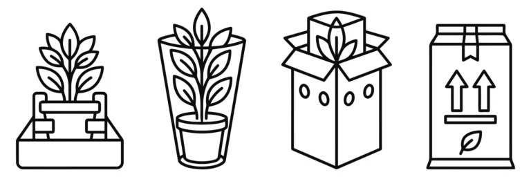 linear icons for plant packaging and shipping, showing protective sleeves, ventilated boxes, and upright handling instructions for safe plan