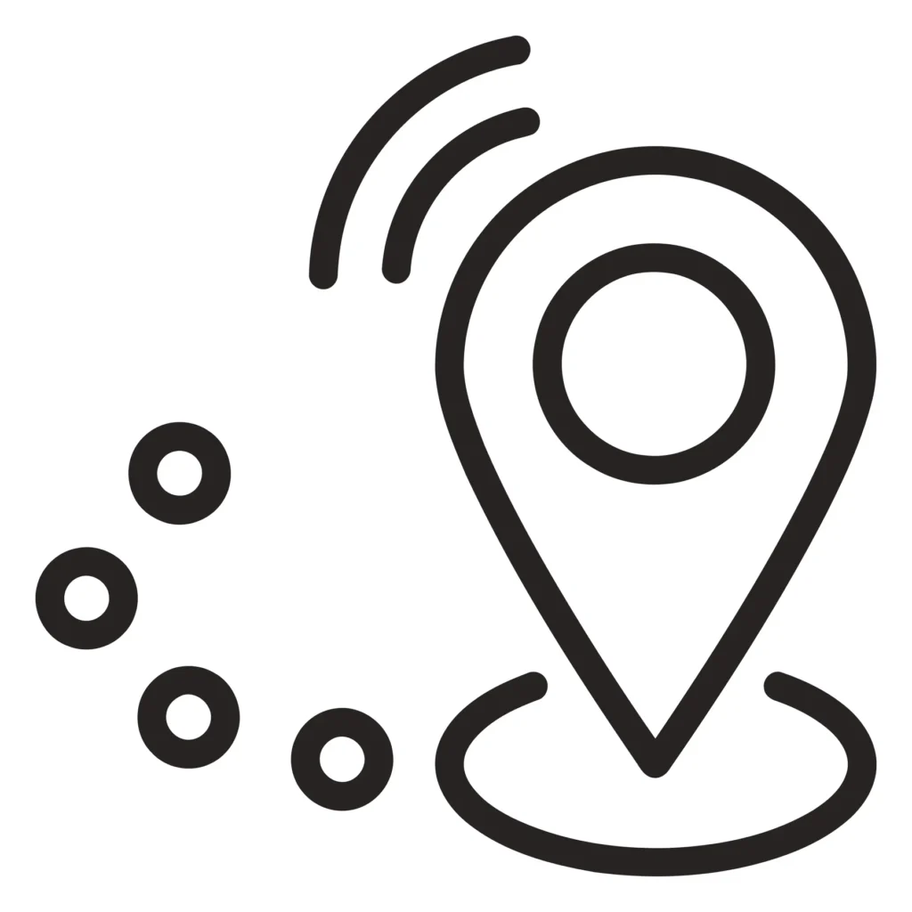 location pin icon with signal waves and dotted path line