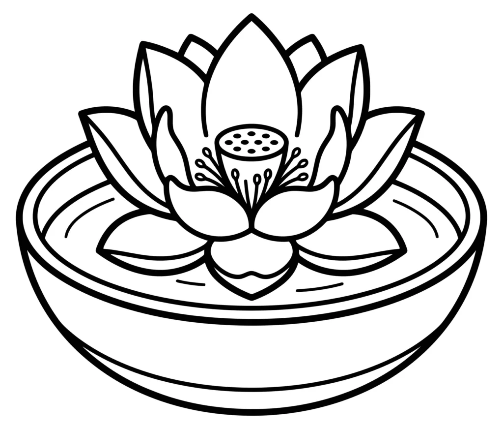 lotus flower floating in a bowl of water, line art illustration