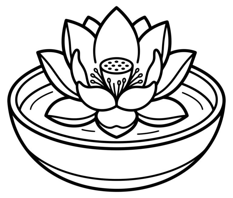 lotus flower floating in a bowl of water, line art illustration