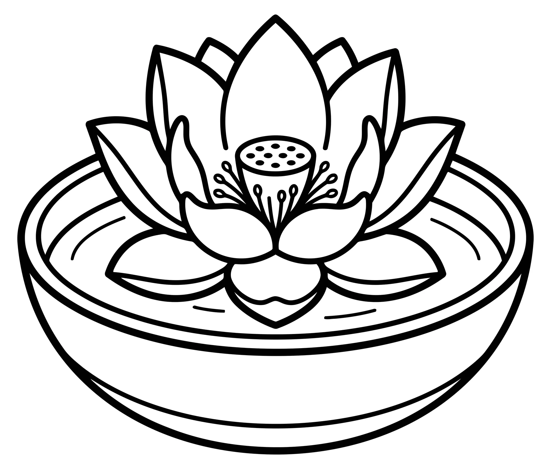 Lotus Flower Floating in Bowl Line Art Illustration