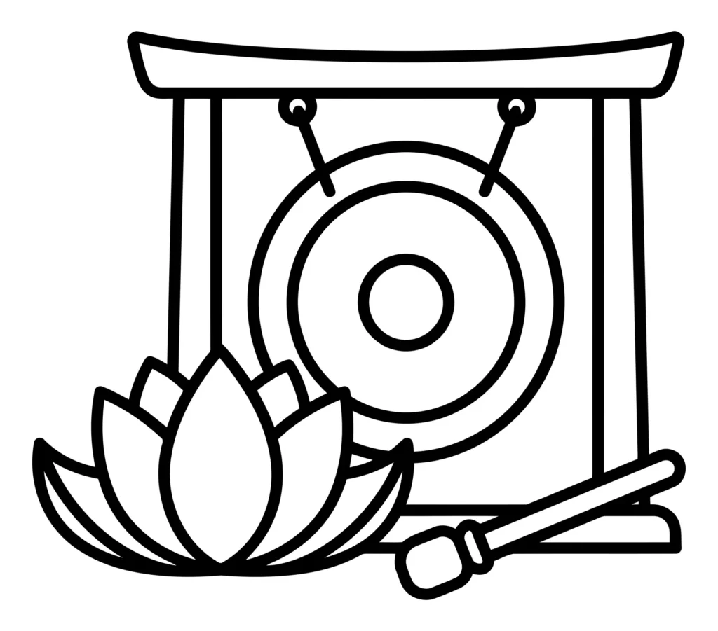 lotus flower with a gong and mallet, line art illustration
