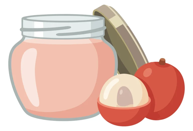 lychee jam in a glass jar with an open lid and fresh fruit vector illustration isolated on white background