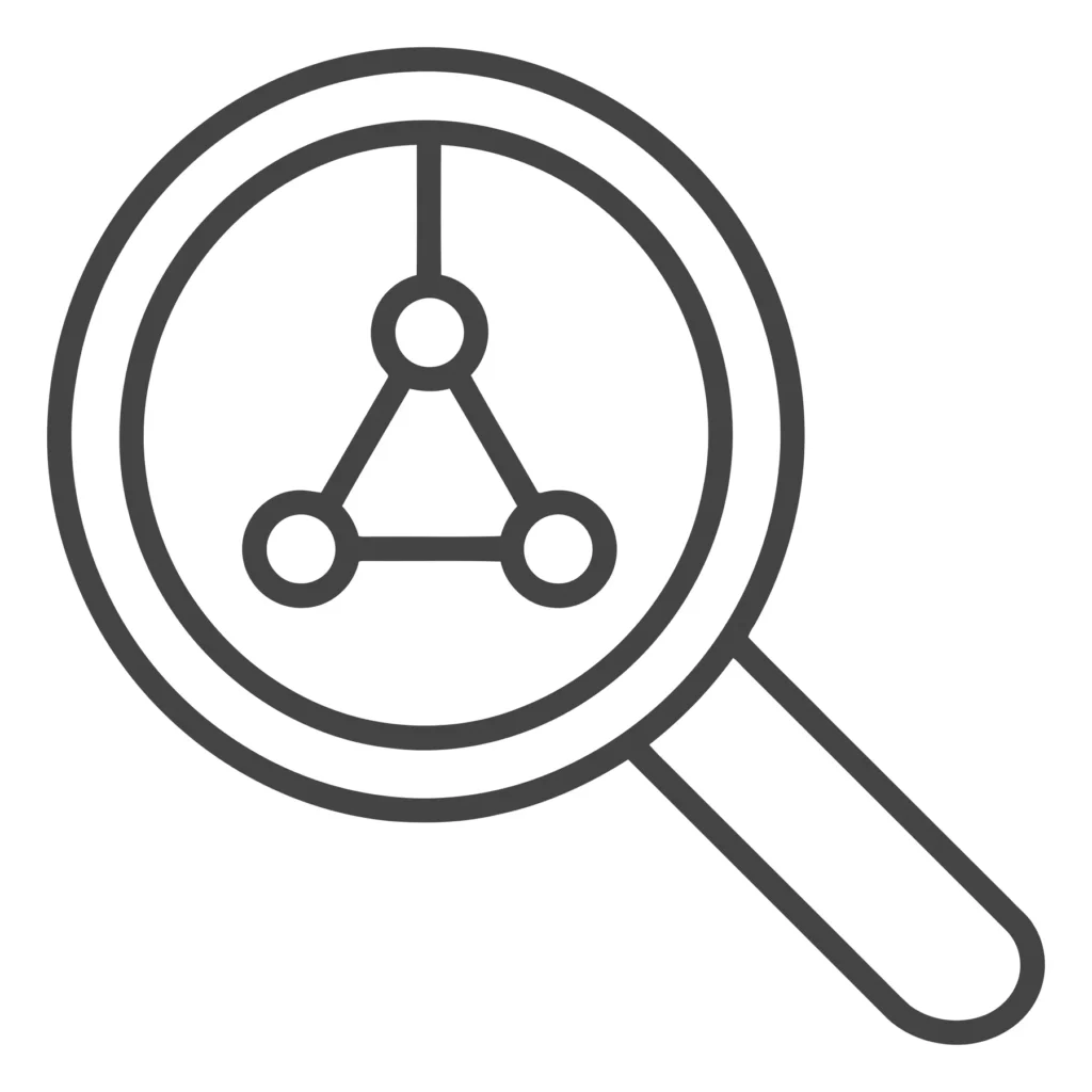 magnifying glass icon with a connected network node symbol inside, representing data analysis, research, and technical investigation, vector