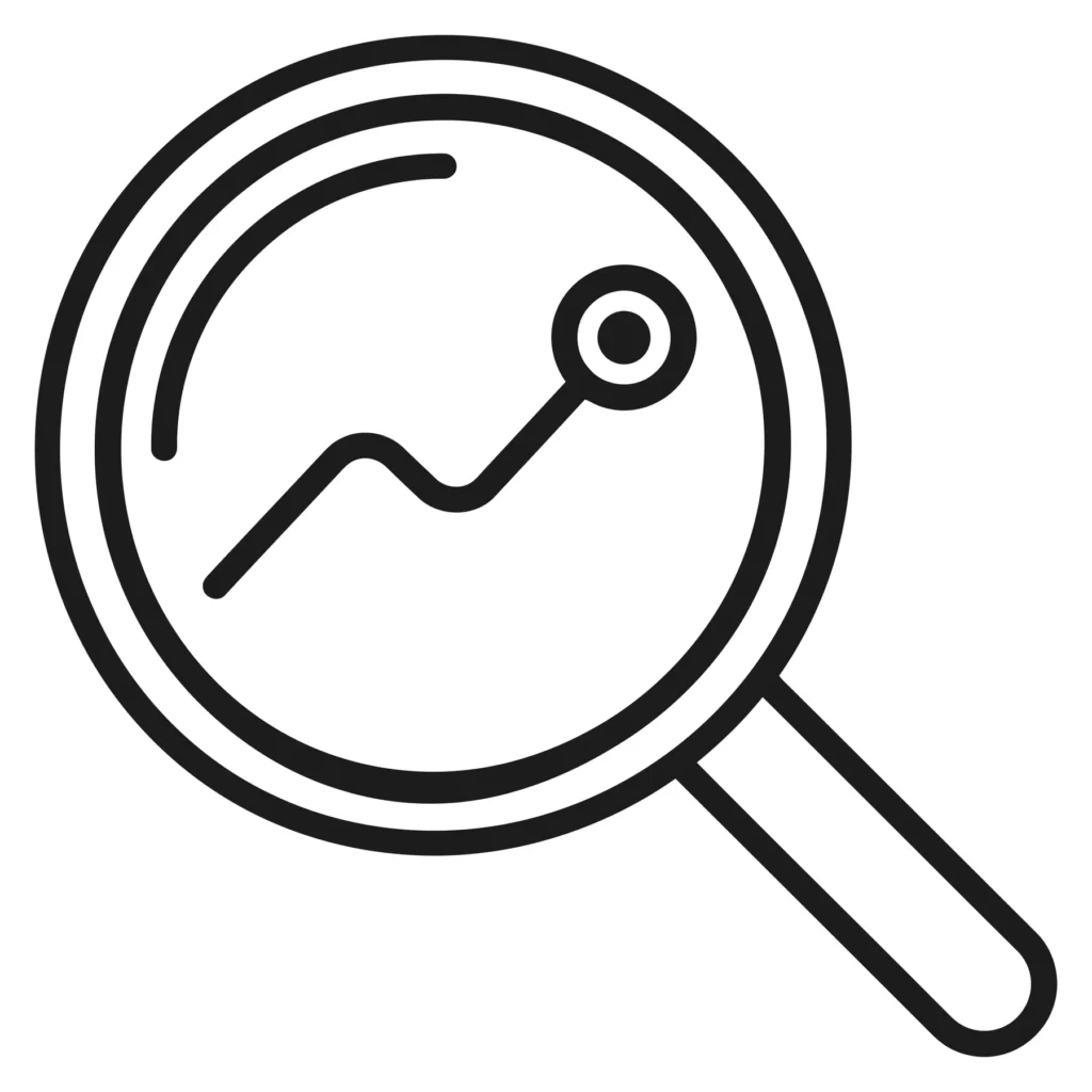 magnifying glass icon with a rising trend line graph inside, representing data analysis, market research, and business performance tracking