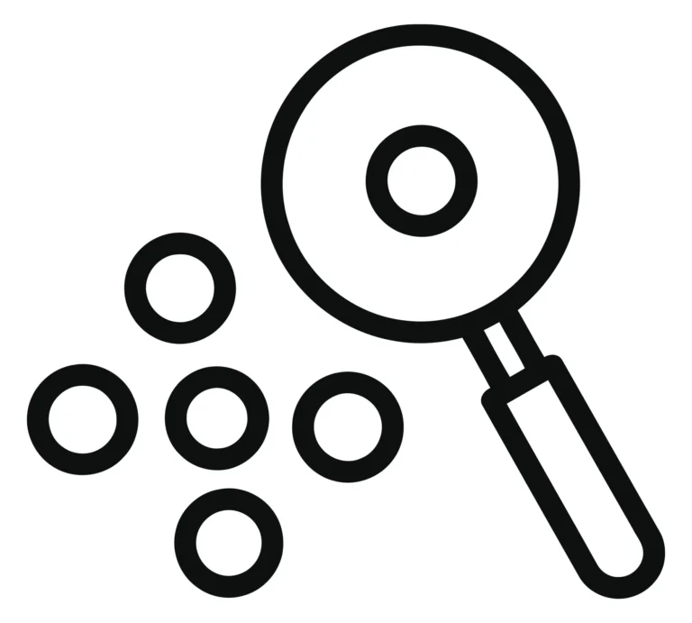 magnifying glass over a group of circles icon, representing data segmentation, audience analysis, diversity, or finding patterns in a simple