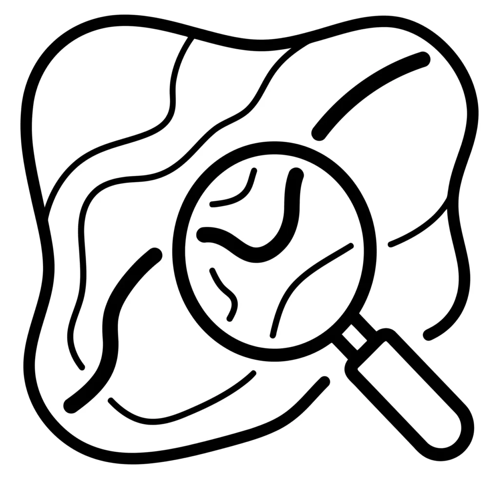 magnifying glass over a map icon, linear style vector illustration