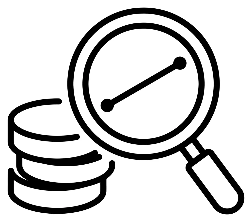 magnifying glass over a stack of coins, data analysis icon, vector illustration