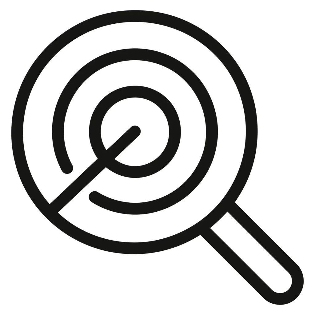 magnifying glass over a target icon, representing focus, precision, goal setting, market research, and strategic planning in a simple line a