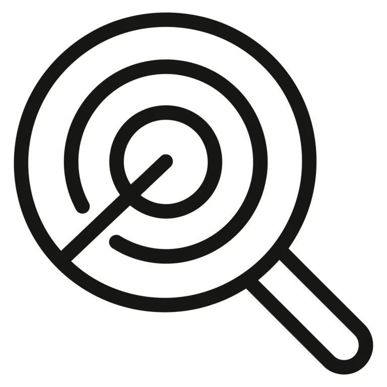 magnifying glass over a target icon, representing focus, precision, goal setting, market research, and strategic planning in a simple line a