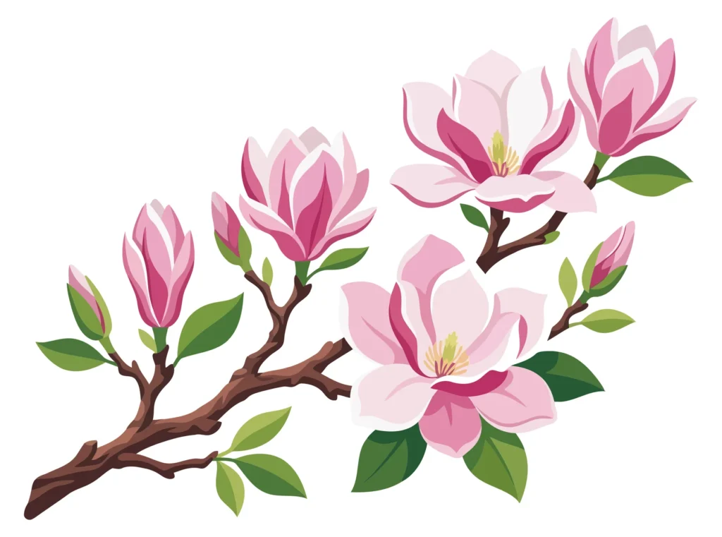magnolia flower branch with pink blossoms and green leaves