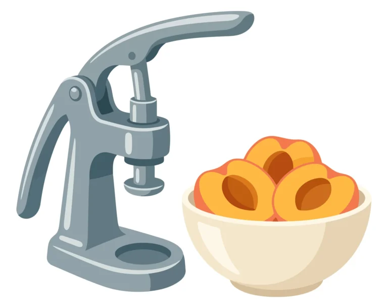 manual cherry pitter or fruit stoning tool with a bowl of fresh apricots isolated on white background