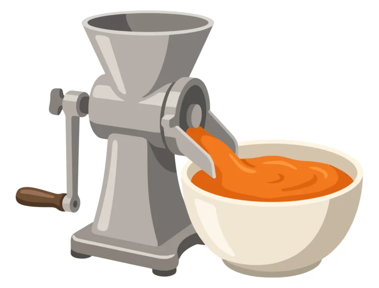manual food grinder with orange puree in a bowl
