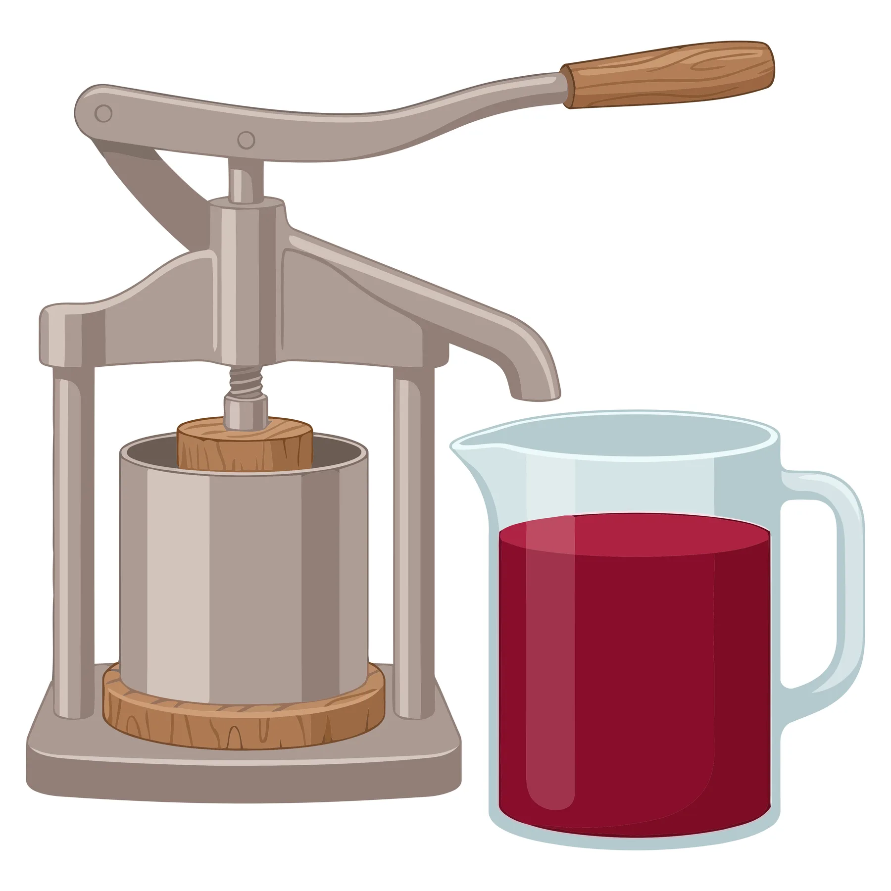 manual fruit press machine with a wooden handle and a glass pitcher filled with fresh red juice isolated on white background