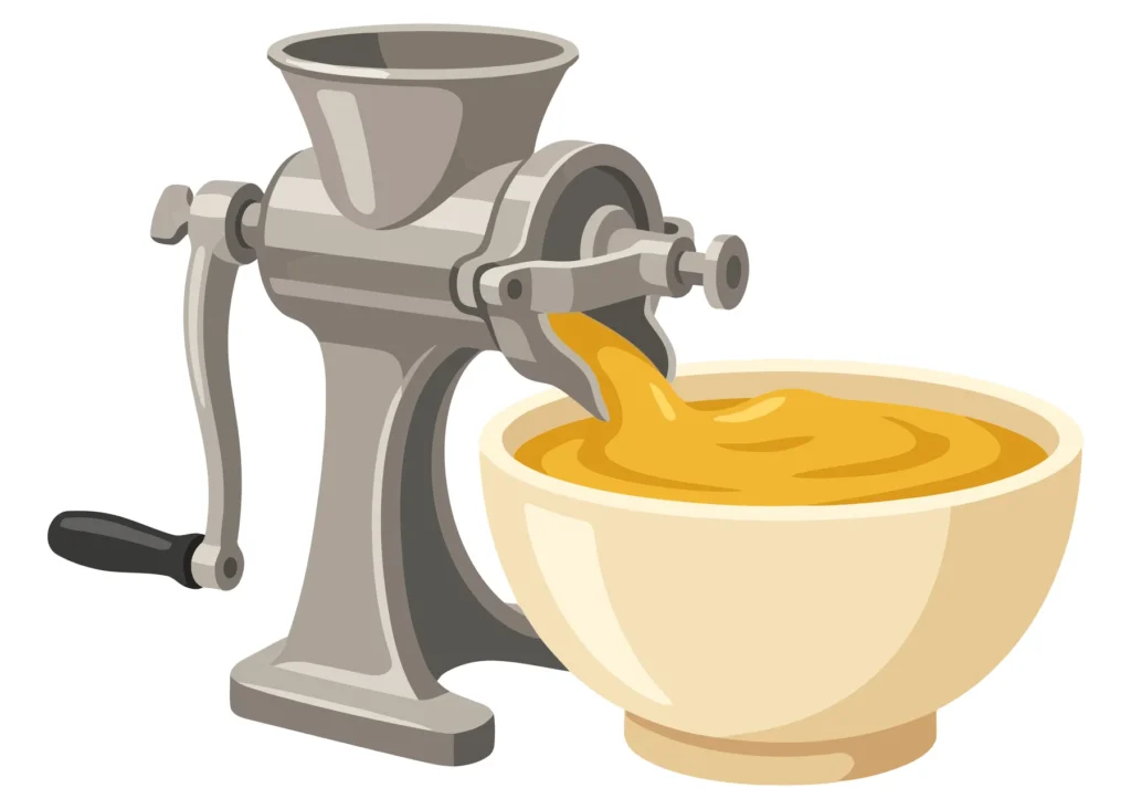 manual handcrank food mill or grinder with yellow puree, isolated on white background