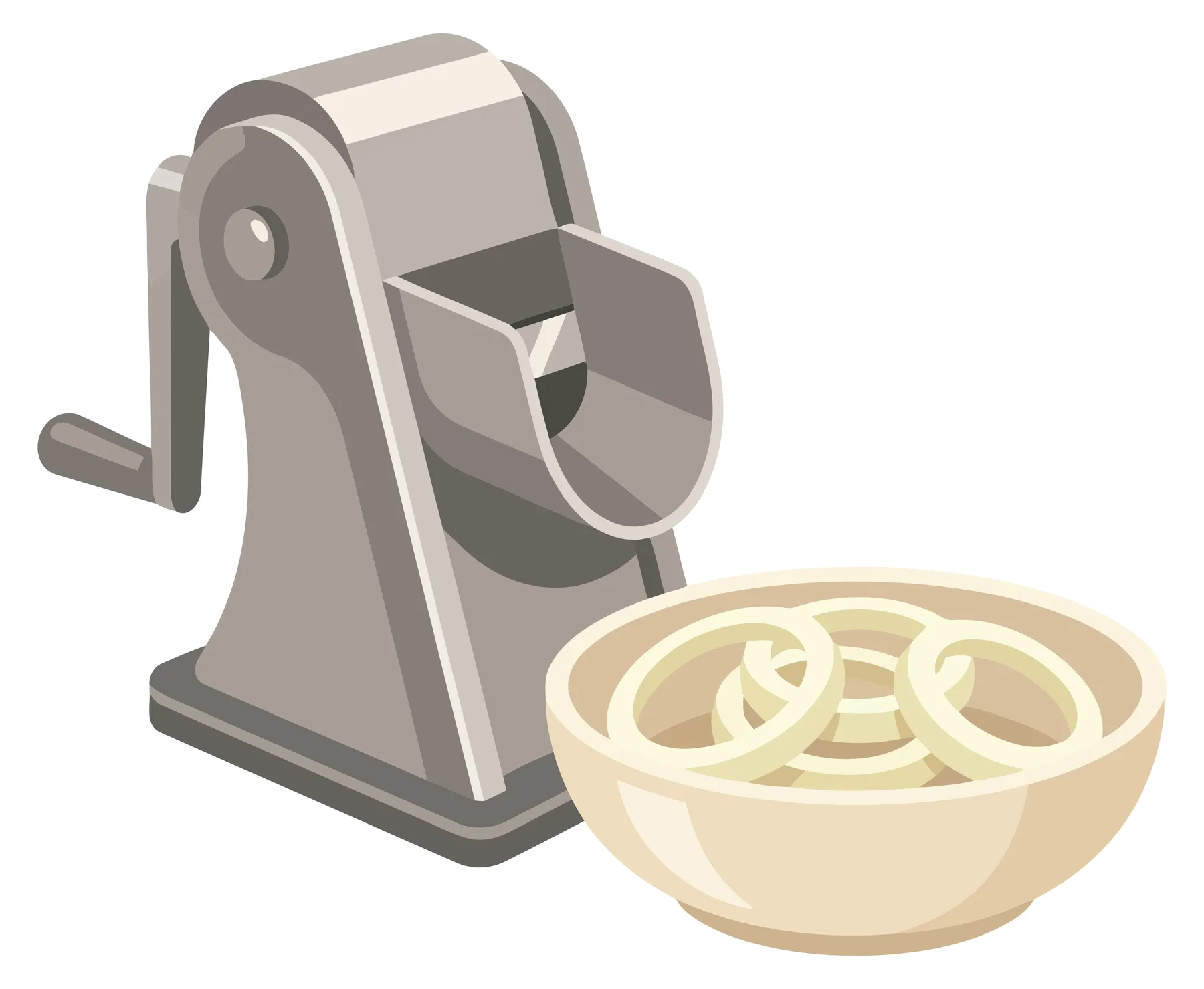 manual kitchen grater with crank and bowl of sliced onion rings isolated on white background