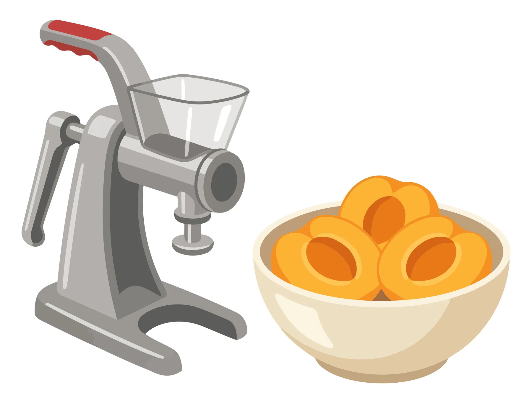manual meat grinder or food mill with a bowl of sliced apricots isolated on white background