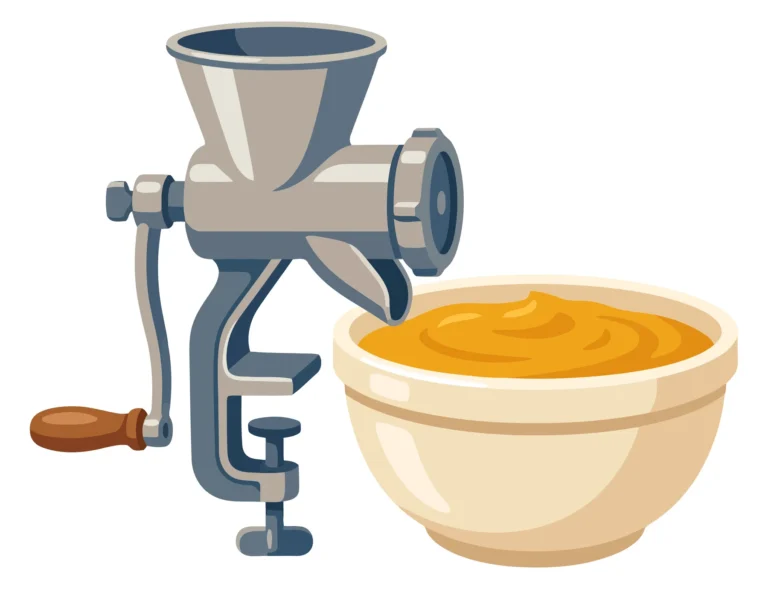 manual meat grinder or food mill with a wooden handle and a bowl of mashed food