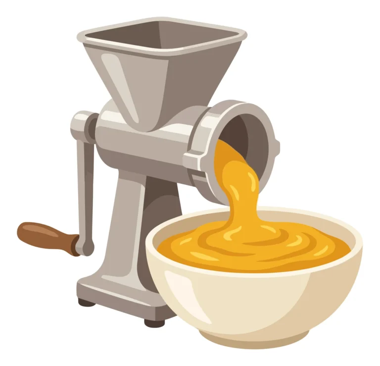 manual meat grinder or food mill with puree in bowl isolated on white background