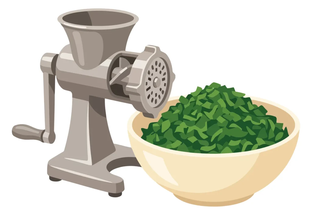 Manual Meat Grinder With A Bowl Of Chopped Green Herbs Or Vegetables Isolated On White Background manual meat grinder with a bowl of chopped green herbs or vegetables isolated on white background