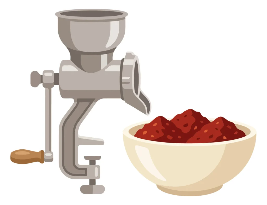Manual Meat Grinder With A Wooden Handle And A Bowl Filled With Ground Meat Isolated On White Background manual meat grinder with a wooden handle and a bowl filled with ground meat isolated on white background
