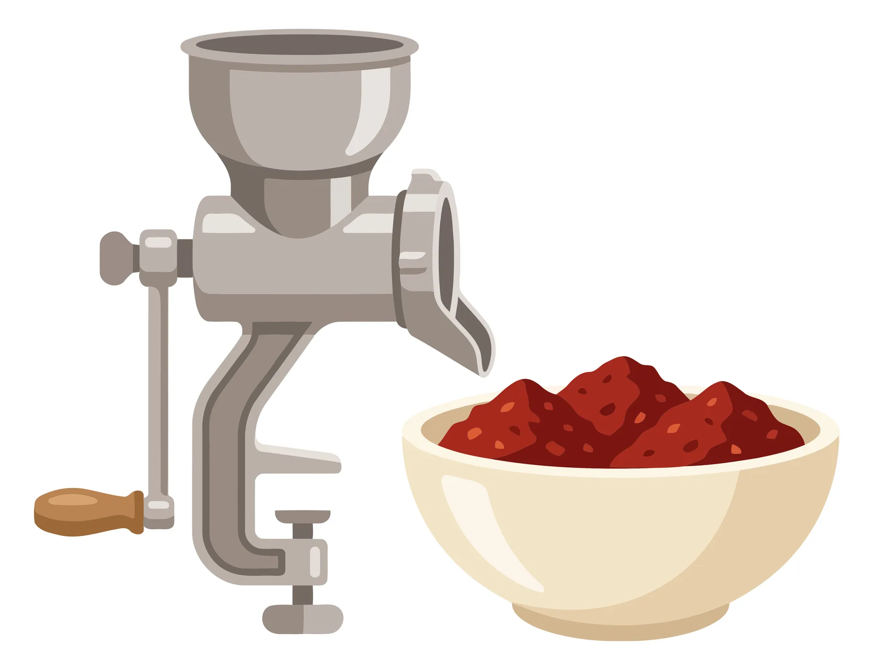 manual meat grinder with a wooden handle and a bowl filled with ground meat isolated on white background