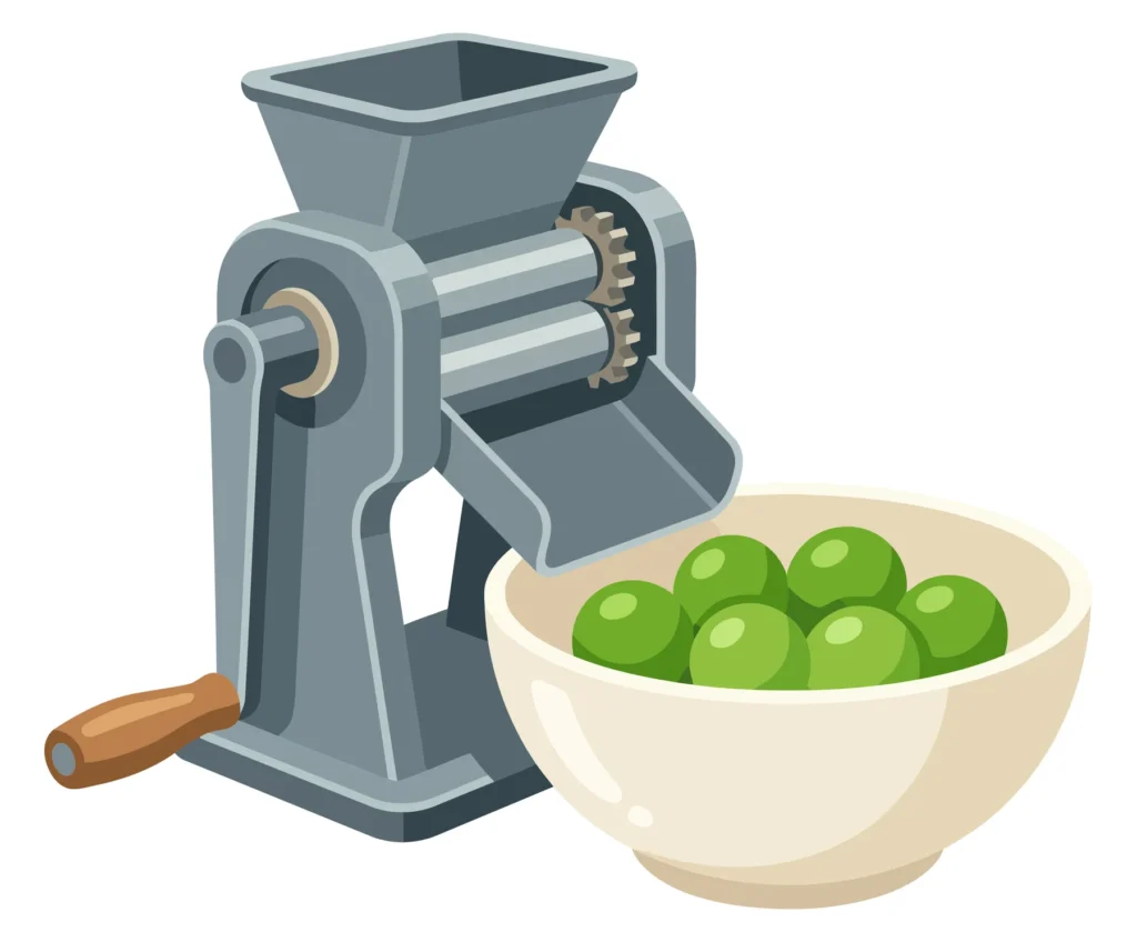 Manual Pea Sheller Machine With Bowl Of Shelled Green Peas Vector Illustration manual pea sheller machine with bowl of shelled green peas vector illustration