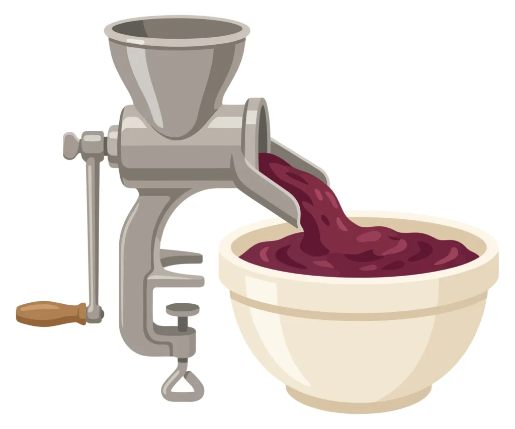 Manual Tableclamp Food Mill With Purple Berry Puree, Isolated On White Background manual tableclamp food mill with purple berry puree, isolated on white background