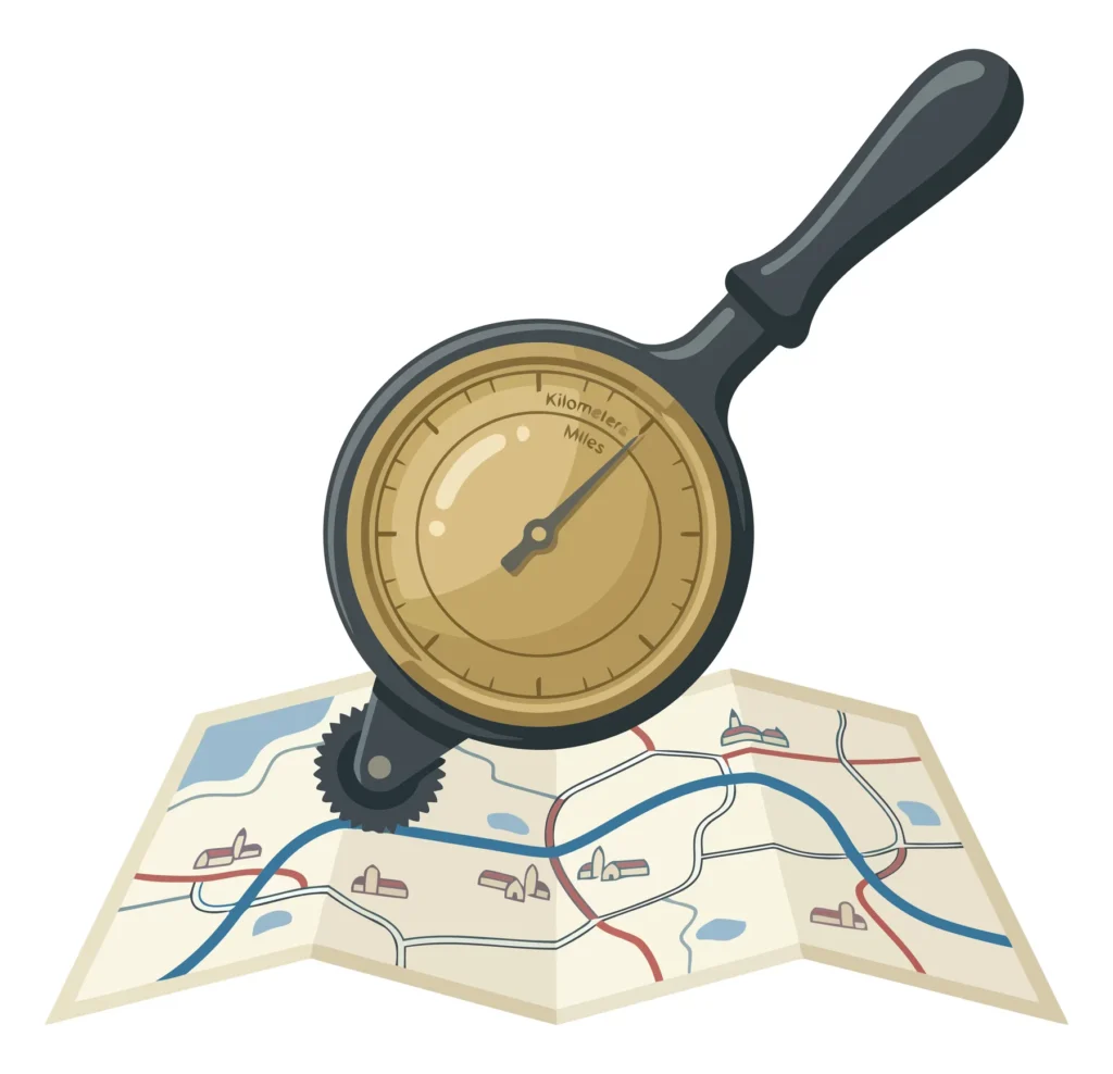 map measuring wheel tool on a paper map