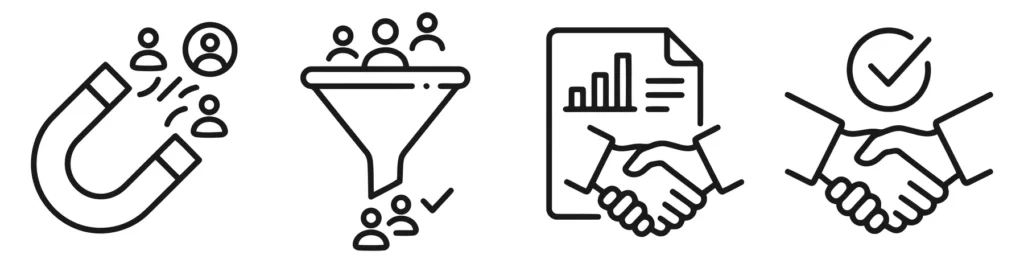marketing and sales process icons including lead generation, funnel, business report, and partnership agreement